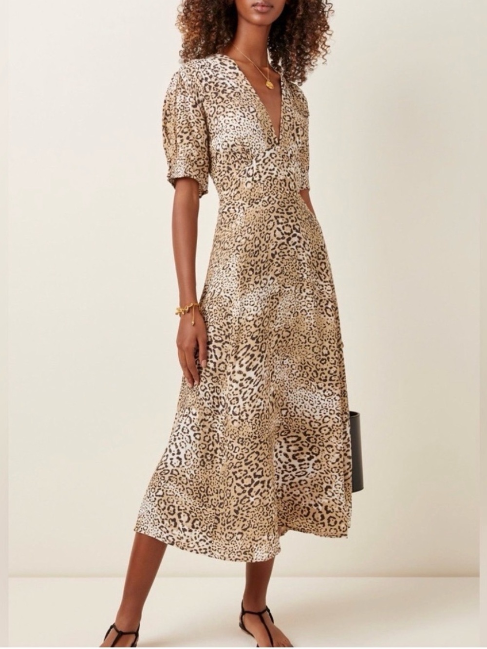Faithfull the Brand Marie Louise Leopard-Print V-Neck Midi Dress in Beige